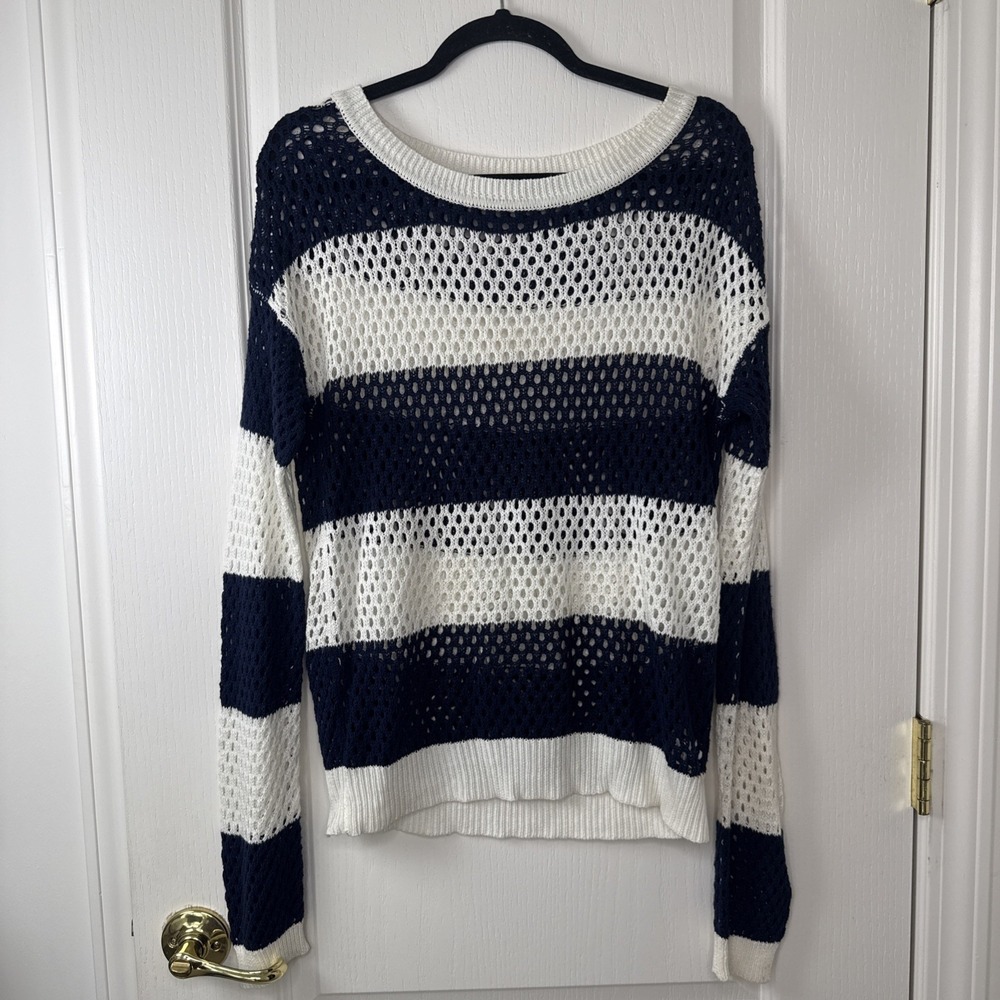 Xhilaration Womens Navy Cream Striped Open Knit Sweater M Crochet Nautical Boat